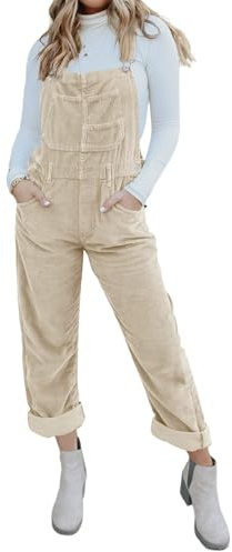 Onedreamer Damen Cord-Overall Latzhose, verstellbare Träger, Baggy, Lätzchen, Cord-Overall mit Taschen, beige, Large