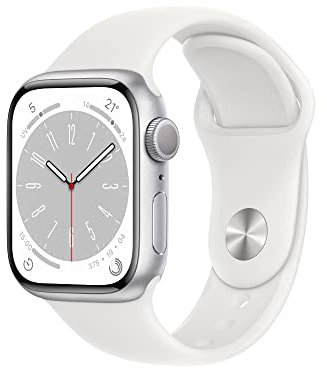Apple Watch Series 8 (GPS, 41mm) Smartwatch con cassa in alluminio color argento con Cinturino Sport bianco - Regular. Fitness tracker, app Livelli O₂, resistente all’acqua
