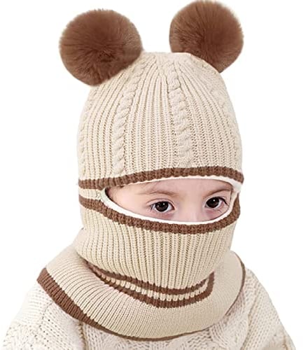 Jarseila Kinder Mütze Schal Set Mädchen Wintermütze Baby Warm Niedlich Schlupfmütze mit Bommel Beanie Jungen Strickmütze 2-5 Jahren Beige