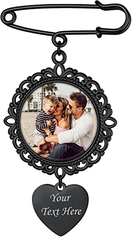 Custom4U Personalisierte Damen Foto Brosche Pin mit Gravur Memorial Rund Brosche Brautstrauß Anhänger mit Bild Schwarz Clip Schmuck DIY Frauen Mädchen Brosche Nadel Pullover Schal Clips