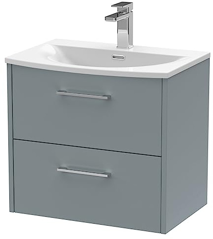 Hudson Reed JNU2324G Juno Modern Bathroom Wall Hung 2-Drawer Vanity with Curved Ceramic Basin, 600mm, Matt Coastal Grey