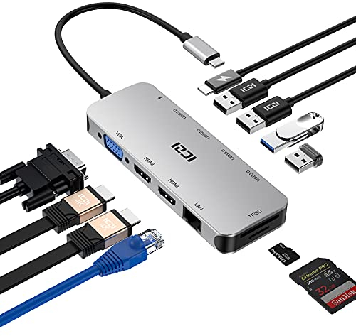 ICZI 11 in 1 Triple Display USB C Hub - Dual Monitor Docking Station for MacBook, Dell, HP, Lenovo, Surface Pro - 2 HDMI 4K, VGA, 100W PD, 4 USB Ports, Ethernet, SD/TF