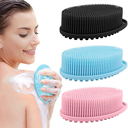 PQRUU Confezione da 3 spugne esfolianti per il corpo, in morbido luffa, adatte per pelli sensibili e di tutti i tipi di pelle, sanitarie pulite, schiuma rapida nera+blu+rosa