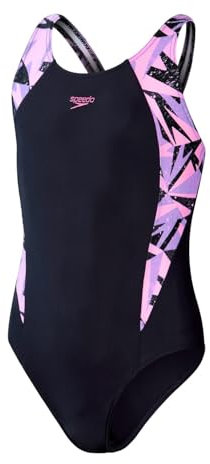 Speedo Junior Girl's HyperBoom Splice Muscleback Swimsuit | Swim Training | Chlorine Resistant, True Navy/Miami Lilac/Taffy Pink, 5-6 Years