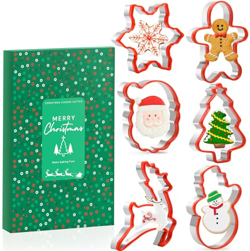 Cortadores galletas navidad niños | Bordes silicona y acero inoxidable | Motivos: Papá Noel, copo nieve, árbol, hombre jengibre, reno | ¡Ideales para repostería navideña
