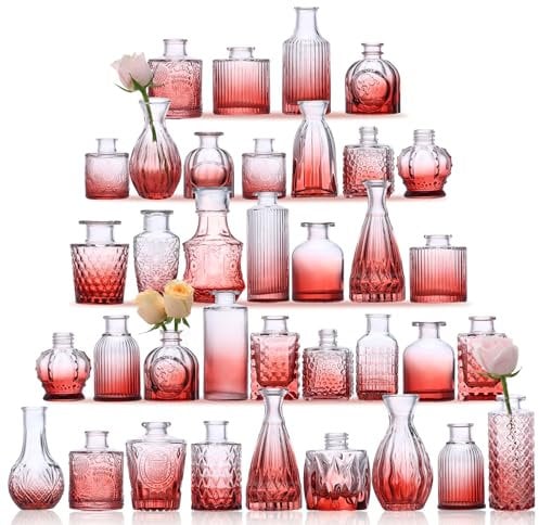 Fixwal 36-teiliges Glasvasen-Set, kleine Vasen für Blumen, Vasen für Tafelaufsätze, Mini-Blumenvasen in Großpackung für rustikale Hochzeitsdekorationen, Vintage-Look, Heimtischdekoration (rosa orange)