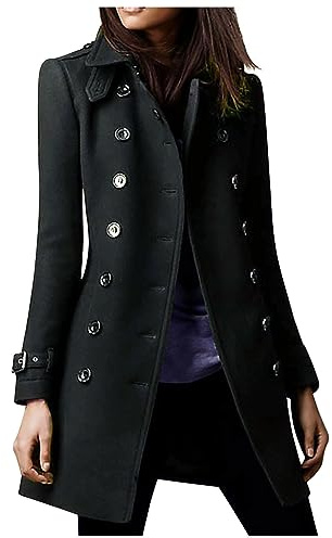 Susenstone Femme Manteau en Laine Mélangée à Double Boutonnage Hiver Chic Mi-Long Épaulette Mince Blazer Couleur Unie Coupe-vent Blouson