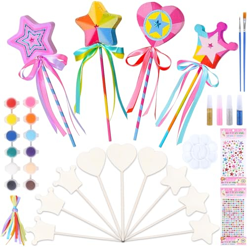 12 Stück Zauberstab für Kinder, Zauberstab Bastelset Windspiel Bastelset Kinder Kindergeburtstag Basteln Holz DIY mit Farbe Pinsel Palette Bling Glitter Kleber Strass Sticker ab 3 4 5 6 7 8 Jahre