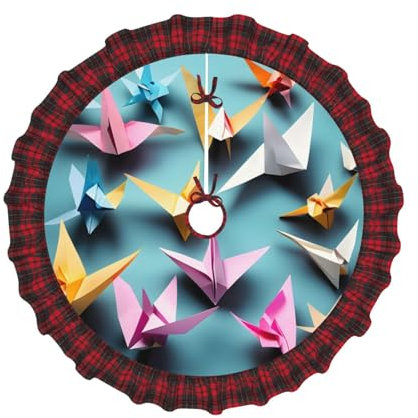 FRGMNT Origami Rubinetti di Carta Stampa Albero di Natale Gonna 112 cm, Rustico Albero di Natale Gonne Mat, per Decorazione Festa Vacanze Interno Esterno