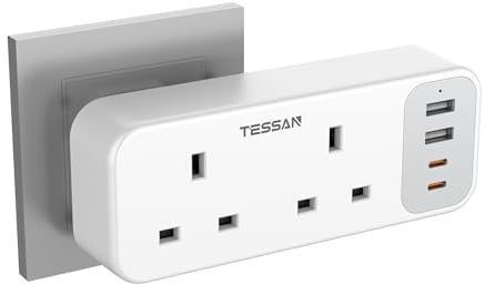 Double Plug Adaptor UK with 4 USB(2 USB C), TESSAN 2 Way Multi Plug Extension Socket, 13A Fuse UK Multiplug Adapter Power Extender for Home, Kitchen, Office, School Supplies