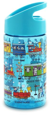 Tyrrell Katz Kids Trains Printed Flip Top Drinking Bottle in Blue with Straw - Dishwasher Safe Lightweight Children's Sports Water Flask - 400 ml
