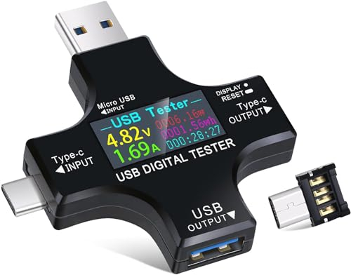 Avatcen 2 in 1 Tester USB di tipo C con schermo a colori LCD, multimetro digitale, rilevatore di tensione USB C, voltmetro, amperometro, indicatore di carica del cavo USB DC3.6-30V/0-5.1A