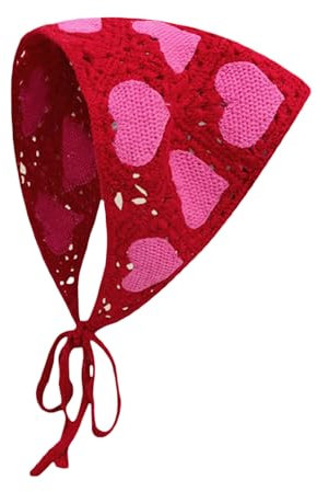 SANSIWU Häkelhaarbandanas für Damen, Boho-Blumen-Kopftuch, gehäkeltes Halstuch, Raffhalter, Vintage-Stil, Blumen-Haarschal, Zubehör, Rote Herzen, One size