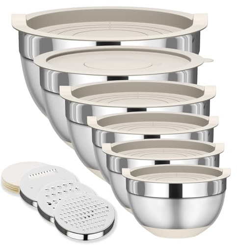 Fyrnova Mixing Bowls with Lids Set, 6 Piece Stainless Steel Nesting Storage Bowls for Kitchen, with 3 Grater Attachments & Non-Slip Bottoms, Size 5.5,3.5,2.5,2.1,1.5,1.1 QT