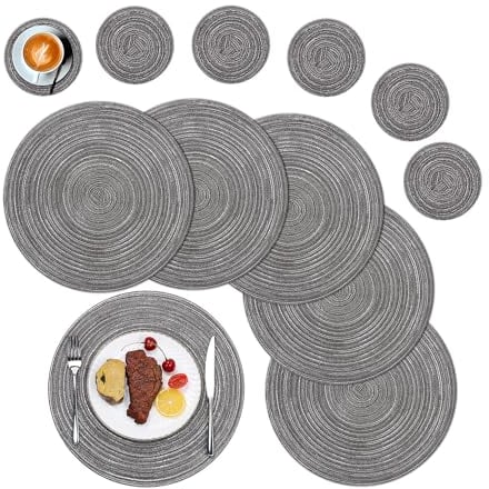 SHACOS Set di 6 Tovagliette Rotonde e Sottobicchieri Tovagliette Rotonde Grigio 38 cm Tovagliette Rotonde Lavabile Resistenti al Calore Tovaglietta Sottopiatto Rotonda per Cucina, Matrimoni, Festival