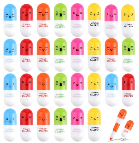 LEEQ Mini Kapsel Stifte Pillen - 30 pcs Kugelschreiber Teleskopisch Kapsel Stifte, Mini Versenkbare Pille Kugelschreiber für Schule, Bürobedarf, Geschenk, Schreibwaren, 6 Farben