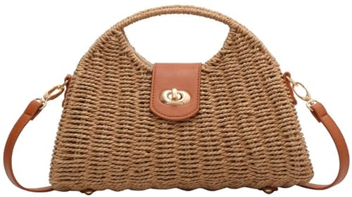 Tellrain Sac à bandoulière en paille pour femme - Sac à main en osier tissé - Sac de plage naturel, Kaki A