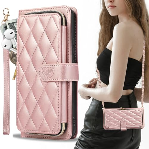 GUVAGI für Samsung Galaxy A55 5G Hülle mit Band Handyhülle,Leder Handytasche mit Fächer Flip 9-Karten Geldbeutel Magnet Frauen Handy Hülle mit Abnehmbar HandyKette zum Umhängen Portemonnaie (Rosa)