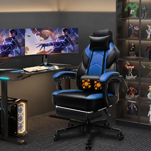 Shintenchi Gaming Chair,Video Game Chair with footrest and Massage Lumbar Support,Height Adjustable Game Chair with 360°Swivel Seat Ergonomic Computer Chair with Headrest for Office or Gaming(Blue)
