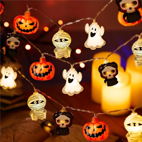 Eledreme Kürbis Geister Deko halloween lichterkette, 3M 20 halloween deko lichterkette herbst,Gespenster, Mumien, Skelette,kürbis deko.Geeignet für Halloween Party,Horror Party Deko