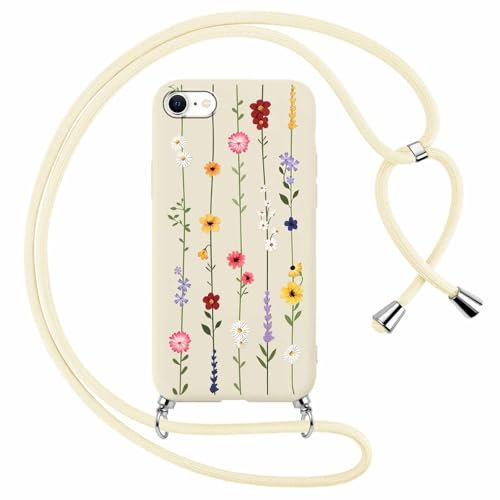 Yoedge Handykette Handyhülle für iPhone 8/7/SE 2020/SE 2022 4,7 Hülle mit Band, Aesthetic Blumen Muster Case mit zum Umhängen Kordel, Weich TPU Silikon Stoßfest Schutzhülle Cover für iPhone 7, Beige2
