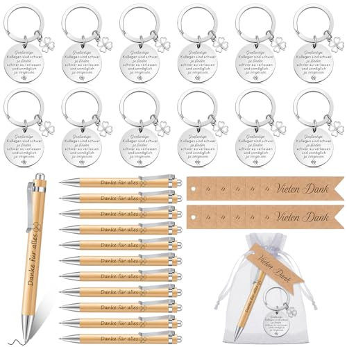 Otuuz 12 Sets Abschiedsgeschenke für Kollegen Mitarbeiter Kleine Dankeschön Geschenke Inspirierend Kugelschreiber Motivation Schlüsselanhänger mit Beutel Danke Etikette Anhänger(Einfach,Holz Farbe)