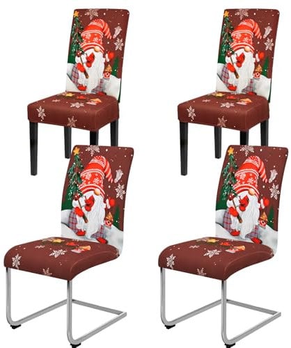 Yugarlibi Weihnachten Stretch Stuhlhussen 4er Set Stuhlbezug Schwingstuhl Universal Elastische Esszimmerstühle Bezug Xmas Waschbare Stühle Schutz für Esszimmer Hotel Party (4 Stück, Rot Zwerg)