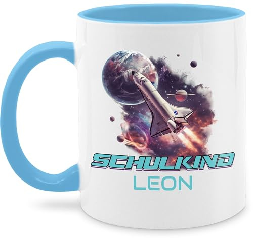 Tasse Tassen 325ml - Einschulung Schulanfang - Schulkind Spaceshuttle Galaxie Weltall mit Name - 325 ml - Hellblau - 2024 planeten personalisierte einschulungsgeschenke schulanfänger weltraum