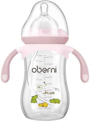 Oberni Anti-Colic Baby Bottle with Size 4 Breast-Like Teat, Non-Slip Handles, Weighted Straw for 12 Months Newborn Babies, 270ml/9oz/Pink/1Pack