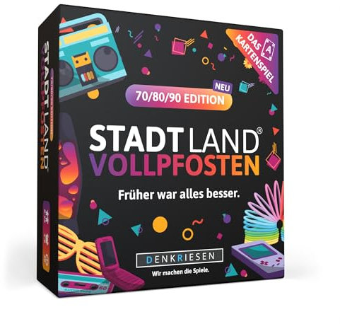 DENKRIESEN - Stadt Land Vollpfosten® – Das Kartenspiel - 70/80/90 Edition - 'Früher war Alles Besser.' | Geschenk | Reisespiel | 200 Kategorien | ab 8 Jahren | 3-6 Spieler | Party | Stadt Land Fluss