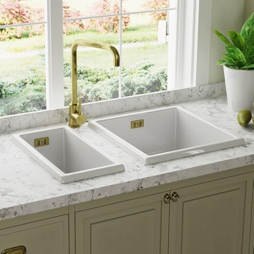 Astini Hampton 150 1.5 Bowl White Ceramic Undermount Kitchen Sink & Bronze Waste