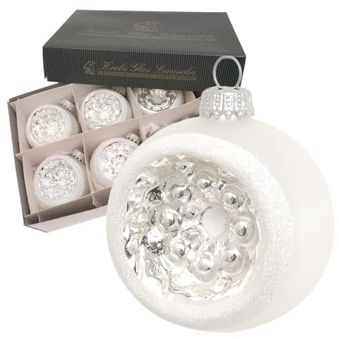 Krebs Glas Lauscha - Weihnachtsdekoration/Christbaumschmuck aus Glas - Reflektor Kugel mit mit weißem Glitter - Menge: 6 Stück - Farbe: Silber Satin - Größe: ca. 6,5 cm