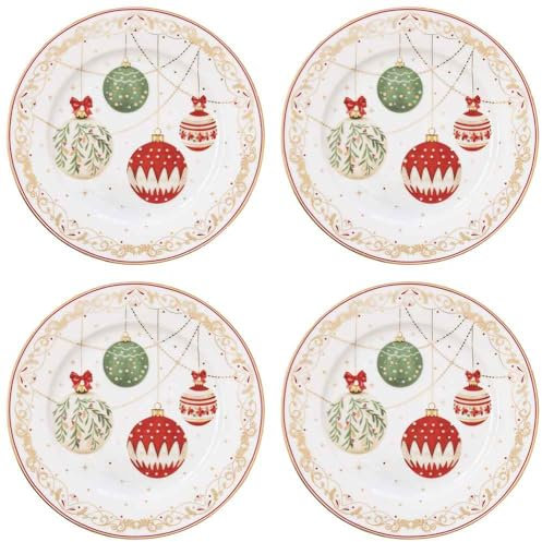 Easy Life Set 4 piatti da dessert in porcellana con sfere natalizie D19 cm