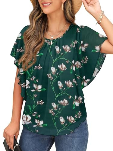 QIXING Womens Summer Blouses Casual Ruffle Sleeve Loose Round Neck Chiffon Flowy Ladies Tops Tunic for Women UK (Blackish Green Lily, XL)