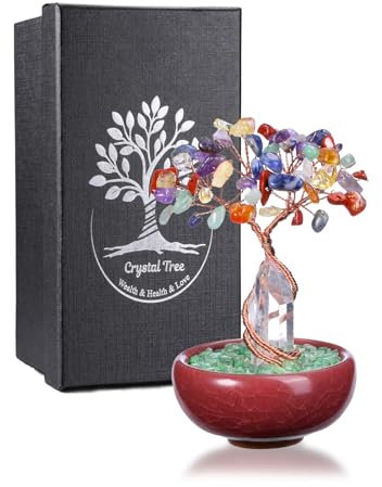 JSDDE Arbre de Vie en Pierres Naturelles avec Baguette en Cristal Énergie 7 Chakras Arbre Porte Bonheur Feng Shui avec Tour de Cirstal Vase Céramique Guérison Reiki Lithotherapie Décoration 10-12cm