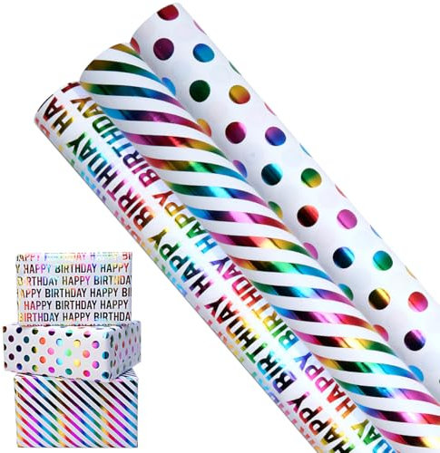 3 Rolls Birthday Gift Wrapping Paper, 43cm*3M Recyclable Shine Wrapping Paper Roll for Birthday, Party, Wedding, Baby Shower, Festival Gift Decorations