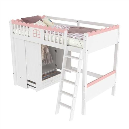 SOFTWEARY Hochbett mit LED-Beleuchtung, 90x200 cm, Kinderbett mit Rausfallschutz und Trittleiter, Kiefer (mit kleiderschrank)