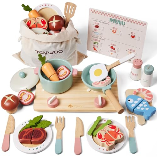 Toywoo Set da cucina in legno per bambini, 3-5 anni, unisex, con pentole, padelle, accessori e cibo giocattolo tagliabile