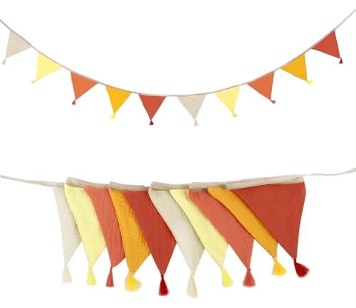 FOSDICK Wimpelkette Kinderzimmer, Lang 260cm Wimpelkette Stoff, wimpelkette Musselin, Girlande Kinderzimmer, Stoff Wimpelketten, Stoffgirlande mit Fransen, Wimpelgirlande für Babybett Hausbett Deko