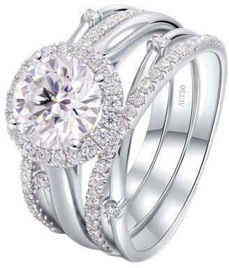 Fedi Nuziali Moderne, Anello Donna Oro Bianco 18K Vero Set con 4 Punte Rotonde 8x8mm con Moissanite da 2Ct Taglia 23,5