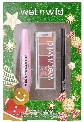 Wet n Wild Frosty Flutter Vault Set, Augen-Make-up-Geschenkset mit einziehbarem schwarzem Eyeliner, volumenspendender Mascara & Lidschattenpalette mit 5 Farbtönen