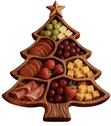 qokeeu Wooden Snack Tray, Walnut Christmas Tree Tray Home Wooden Divided Dinner Plate Snack Plate for Nuts and Dried Fruits for Party Dessert Kitchen Living Room Bedroom Office Restaurant Holiday