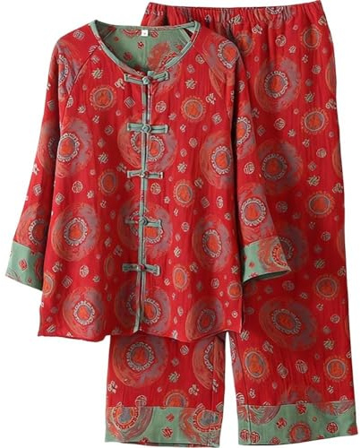 Wudaizhi Ensemble Pyjama Femme Style Chinois - Pyjama Traditionnel en Coton À Boutons Brandebourg Col Mandarin, Ensemble Cadeau Vintage pour Maison