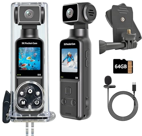IXROAD 5K Bodycam, Mini Action Cam per Vlog POV, Videocamera Telecamera Portatile con Obiettivo Ruotabile 270°, Fotocamera Subacquea con Microfono Esterno, Clip e Scheda TF da 64 GB