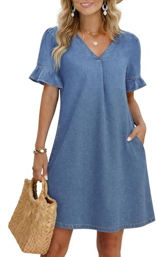 Fengbay Summer Denim Dresses for Women UK V Neck Ruffle Short Sleeve