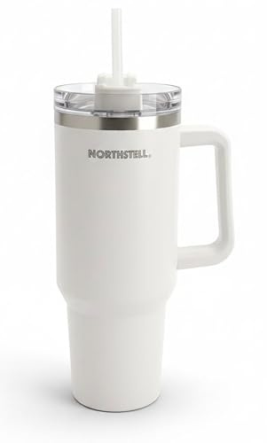 NORTHSTELL Vaso Térmico 40 oz (1,18 L) con Asa y Tapa Antifugas – Acero Inoxidable – Mantiene Frío y Caliente – Compatible con Portavasos (blanco)