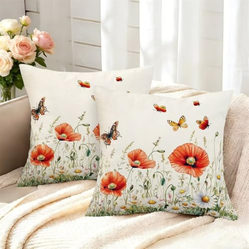Kissenbezug 40x40 Frühling Kissenbezüge 2er Set Deko Kissen Mohnblume Dekorative Kissenhülle Sofakissen Dekokissen Herbst Zierkissenbezüge Couchkissen für Sofa Schlafzimmer Wohnzimmer Outdoor -GY122