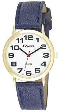 Ravel - Unisex - Armbanduhr mit großen Ziffern - Blau/goldfarbener Ton/weißes Zifferblatt