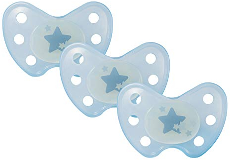 dentistar Night Silikon Schnuller 3er-Set - Größe 3, ab 14 Monate - Glow in the Dark Nuckel mit Dentalstufe – BPA-frei – Made in Germany - Stern, Blau