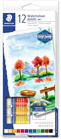 Staedtler Peinture aquarelle de qualité professionnelle, Couleurs très pigmentées et faciles à mélanger, Étui carton avec 12 tubes de peinture aux couleurs vives assorties, 8880 C12
